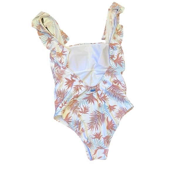 Roxy Mills One Piece Ruffle Strap White, Pink, Blue Leaf Print Swimsuit Size S - Picture 4 of 8